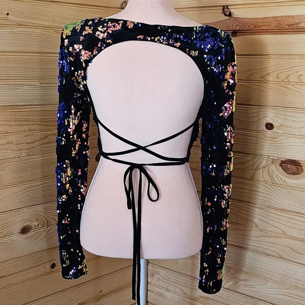 Navy Blue Sequin Long Sleeve Backless Crop To - Picture 3 of 5